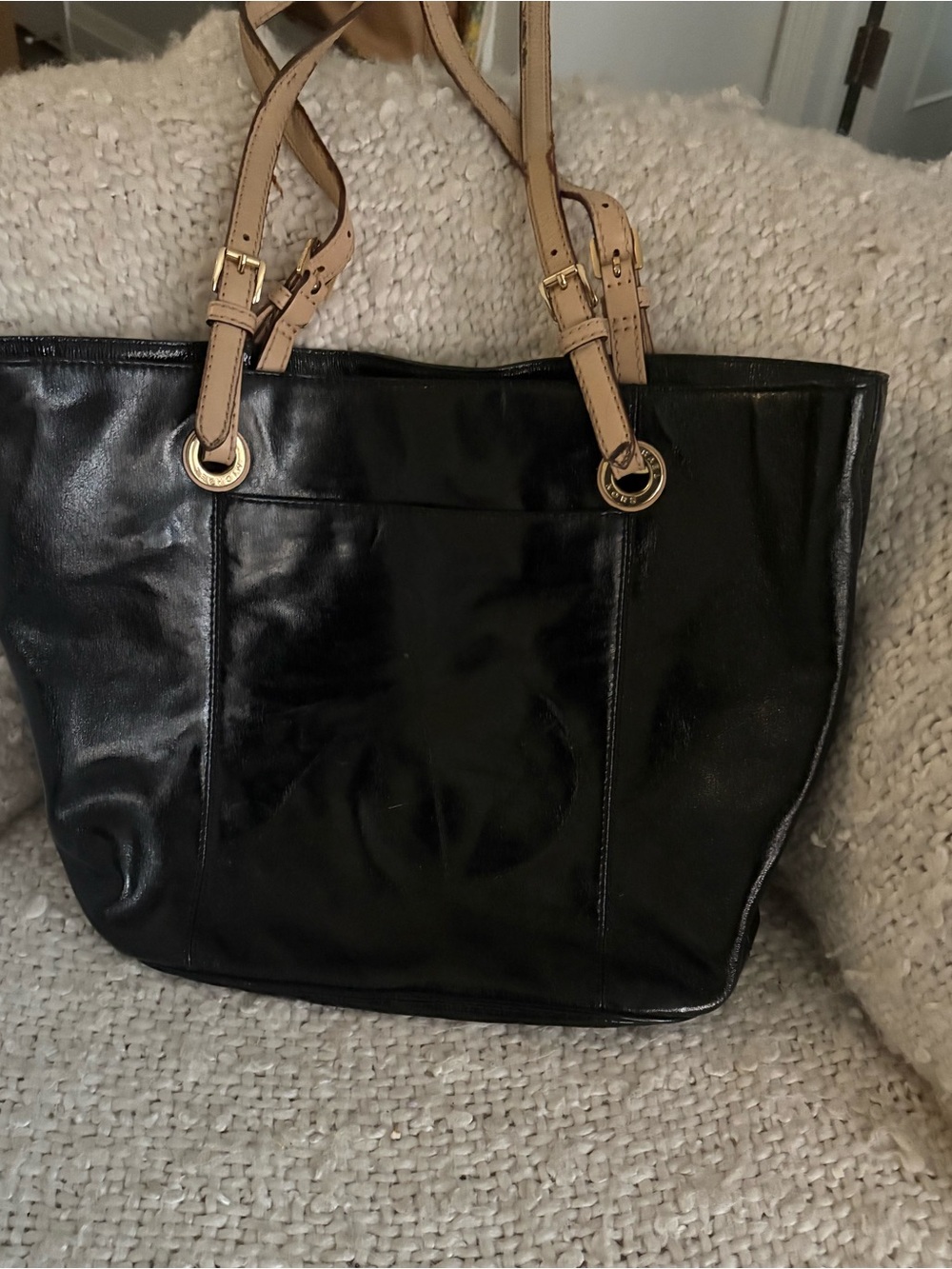Michael Kors Black patent Leather Tote with Tan Straps